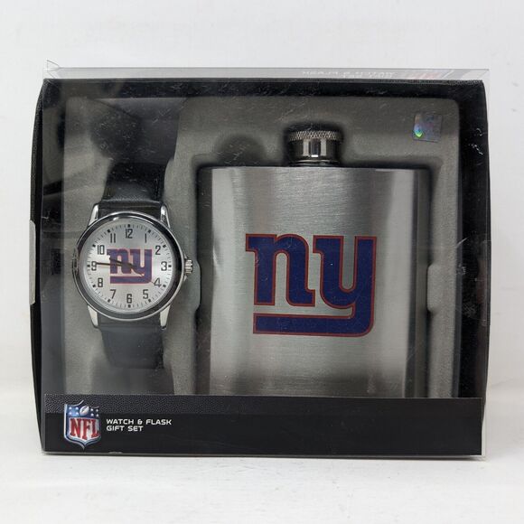New York Giants Stainless Steel Flask and Watch with Leather Strap Gift Set - Picture 1 of 5
